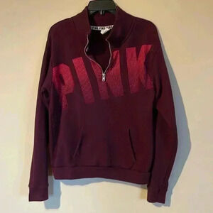 PINK Sweatshirt Women’s Medium Maroon Spellout 1/4 Zip Kangaroo Pouch